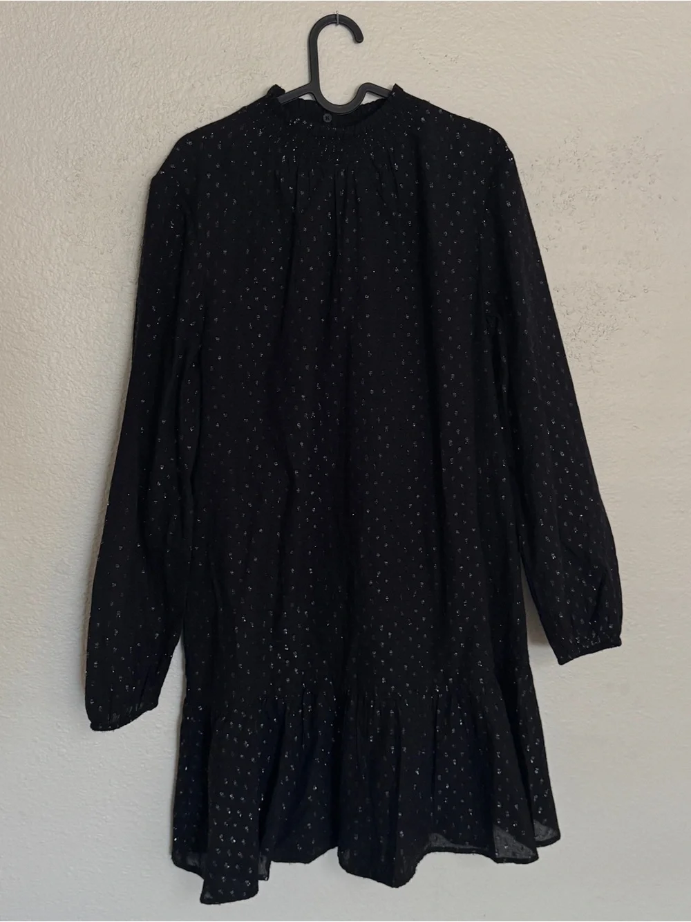 Gap Black Metallic Dot Smocked Mock Neck Long Sleeve Ruffle Whimsigoth Dress M/L